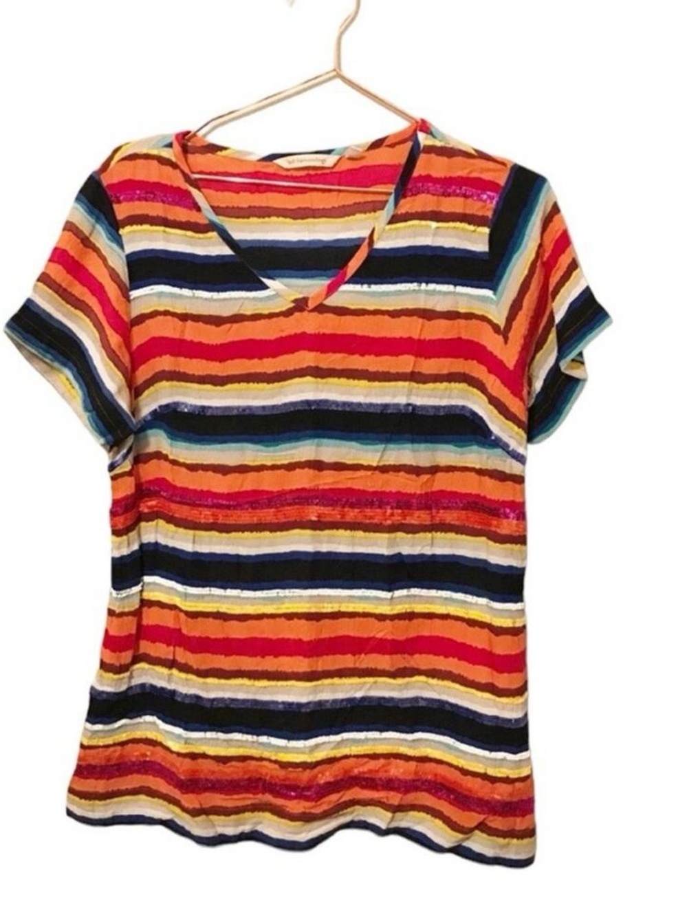 Striped V-Neck Short Sleeve Top in Multicolor